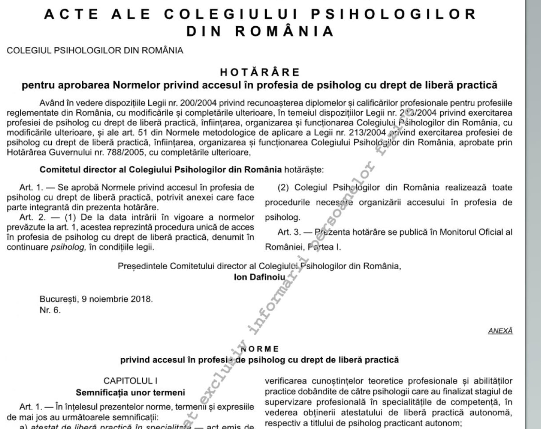 Hotărâre pentru aprobarea Normelor privind accesul în profesia de psiholog cu drept de liberă practică