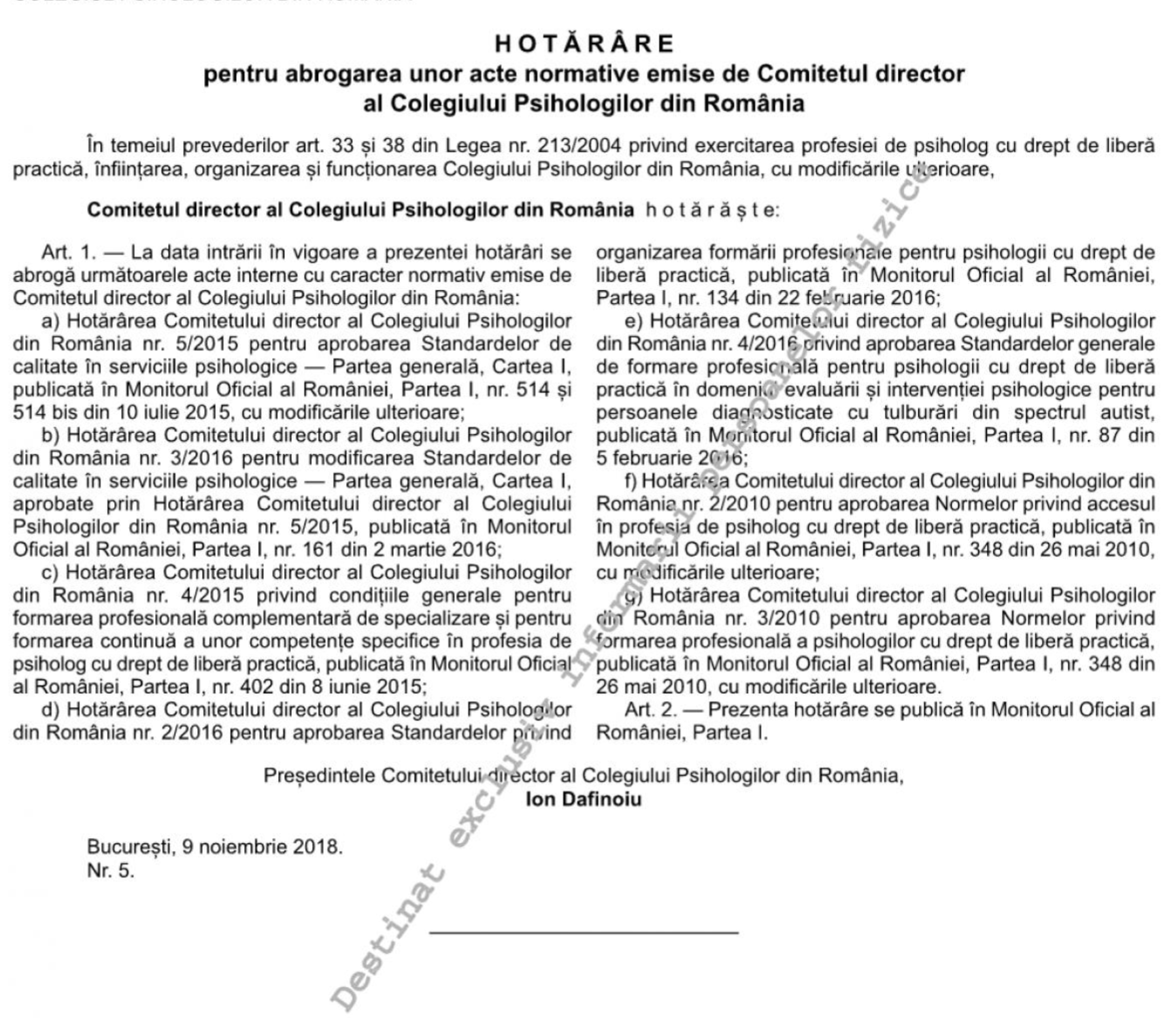 Hotărâre pentru abrogarea unor acte normative – Colegiul Psihologilor din România, 21/29 decembrie 2018